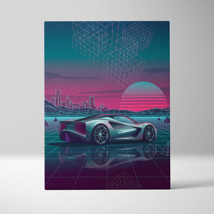 Lotus Evija Inspired Silver Teal Canvas Wall Art, Neon Vaporwave Hypercar Artwork for Futuristic Garage Decor Mood