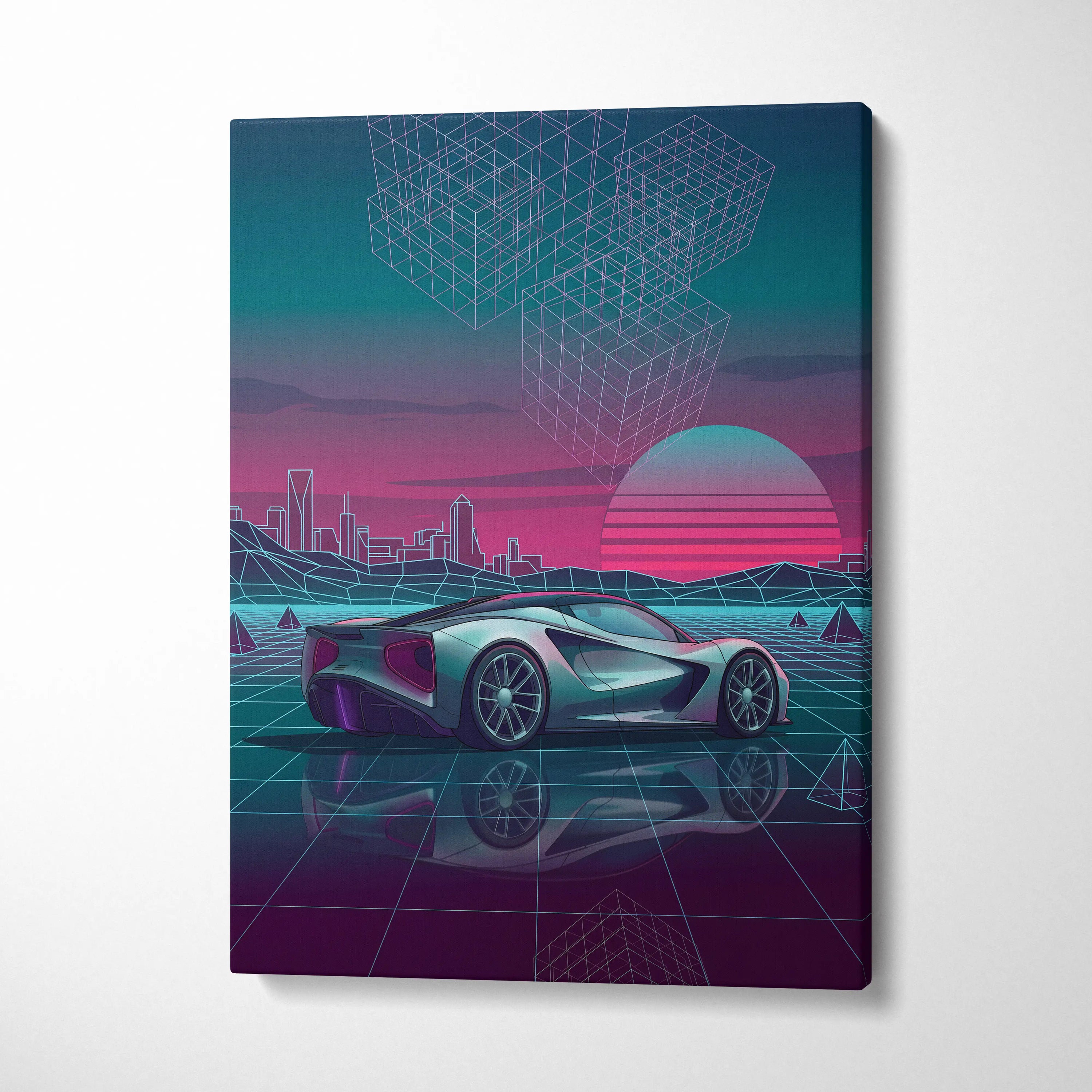 Lotus Evija Inspired Silver Teal Canvas Wall Art, Neon Vaporwave Hypercar Artwork for Futuristic Garage Decor Mood