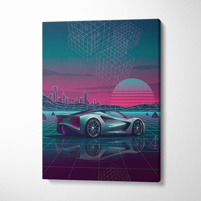 Lotus Evija Inspired Silver Teal Canvas Wall Art, Neon Vaporwave Hypercar Artwork for Futuristic Garage Decor Mood