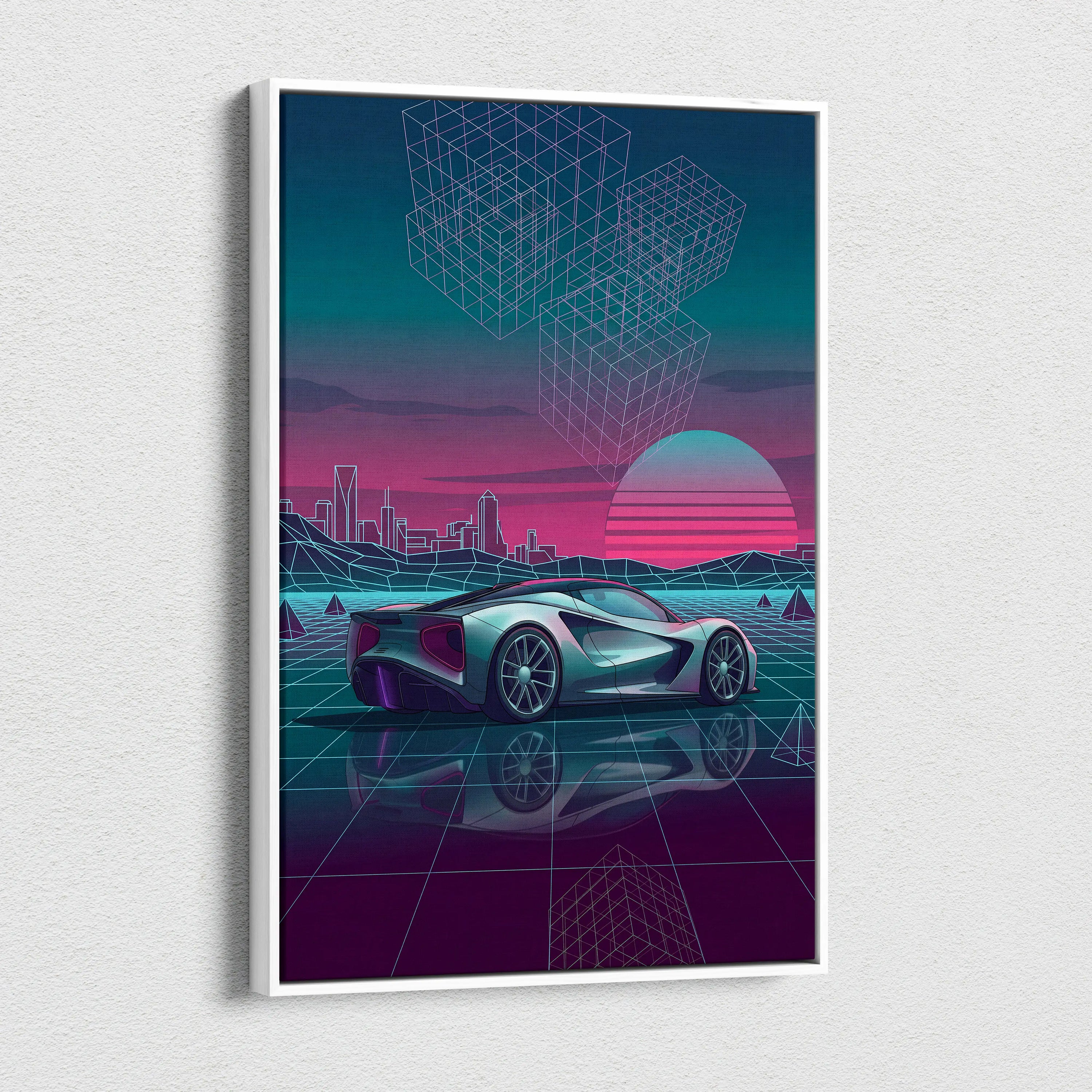 Lotus Evija Inspired Silver Teal Canvas Wall Art, Neon Vaporwave Hypercar Artwork for Futuristic Garage Decor Mood