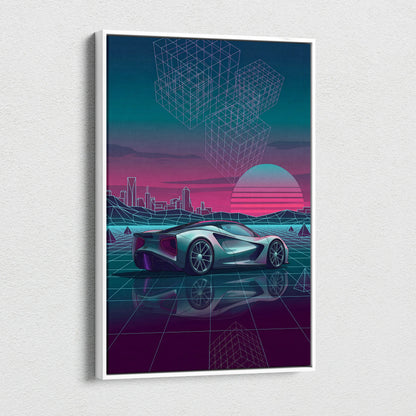 Lotus Evija Inspired Silver Teal Canvas Wall Art, Neon Vaporwave Hypercar Artwork for Futuristic Garage Decor Mood