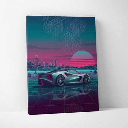 Lotus Evija Inspired Silver Teal Canvas Wall Art, Neon Vaporwave Hypercar Artwork for Futuristic Garage Decor Mood