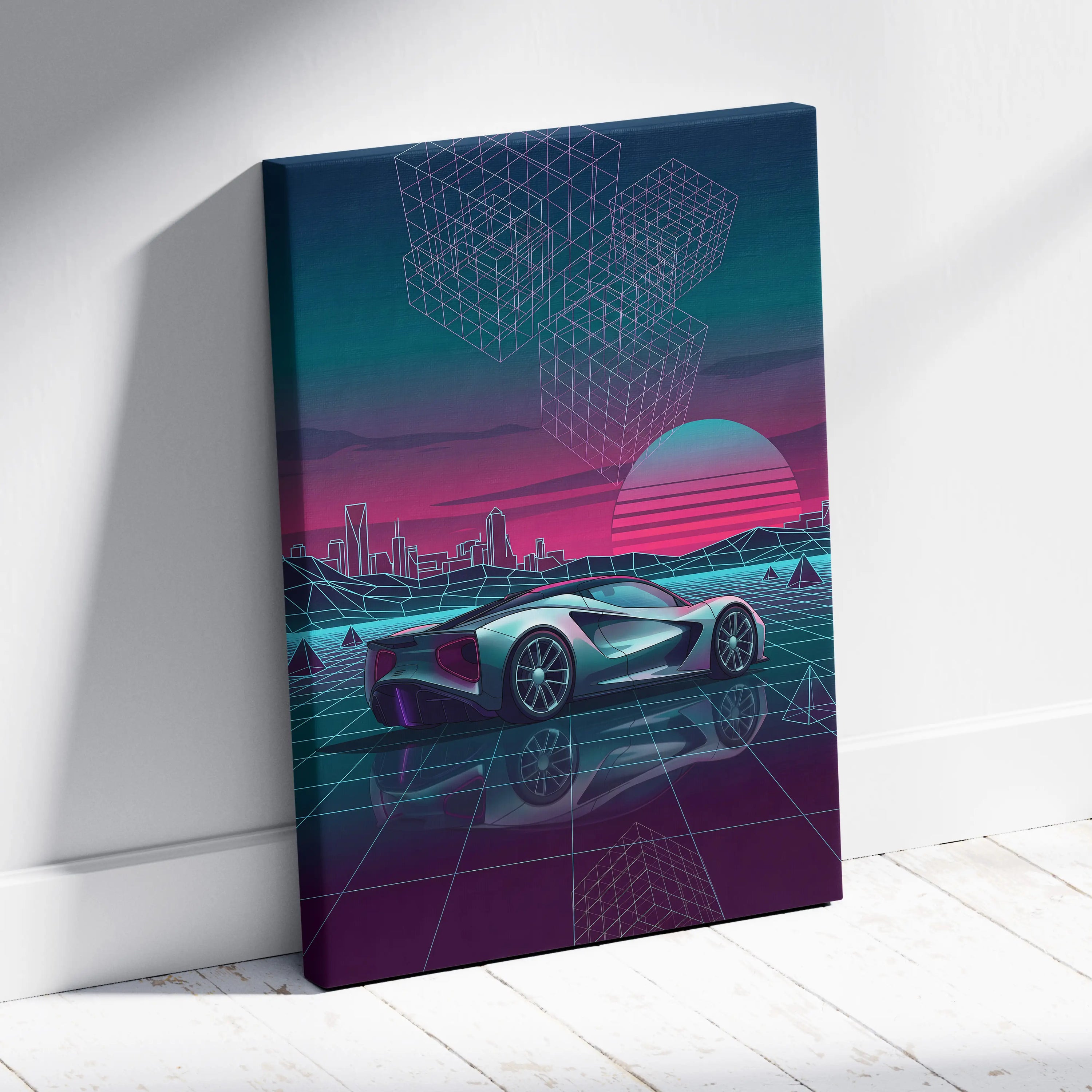 Lotus Evija Inspired Silver Teal Canvas Wall Art, Neon Vaporwave Hypercar Artwork for Futuristic Garage Decor Mood