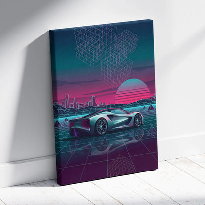 Lotus Evija Inspired Silver Teal Canvas Wall Art, Neon Vaporwave Hypercar Artwork for Futuristic Garage Decor Mood