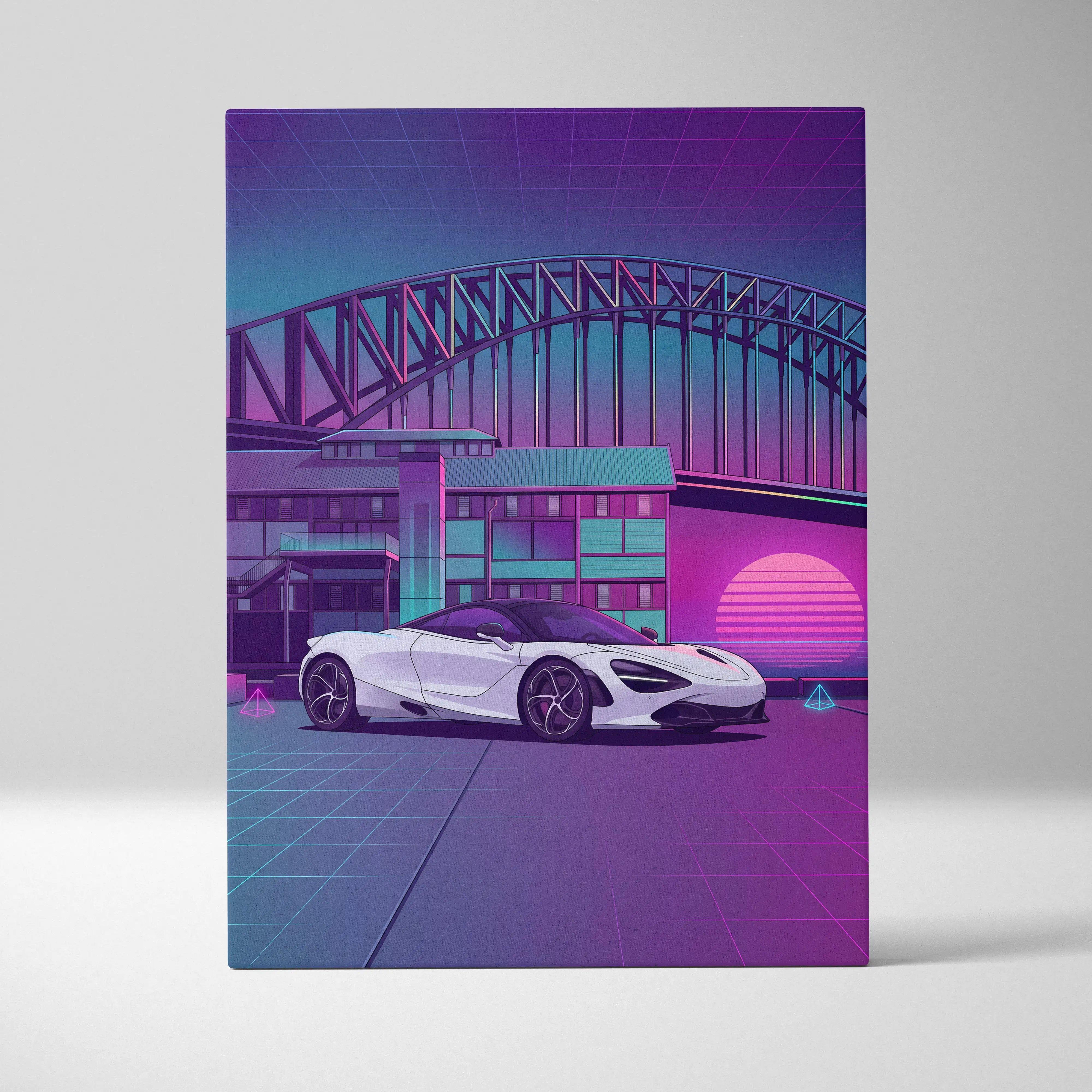 McLaren 720S Inspired White Purple Canvas Wall Art, Neon Vaporwave Supercar Artwork for Modern Garage Decor with Retro City Mood