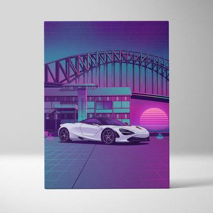 McLaren 720S Inspired White Purple Canvas Wall Art, Neon Vaporwave Supercar Artwork for Modern Garage Decor with Retro City Mood