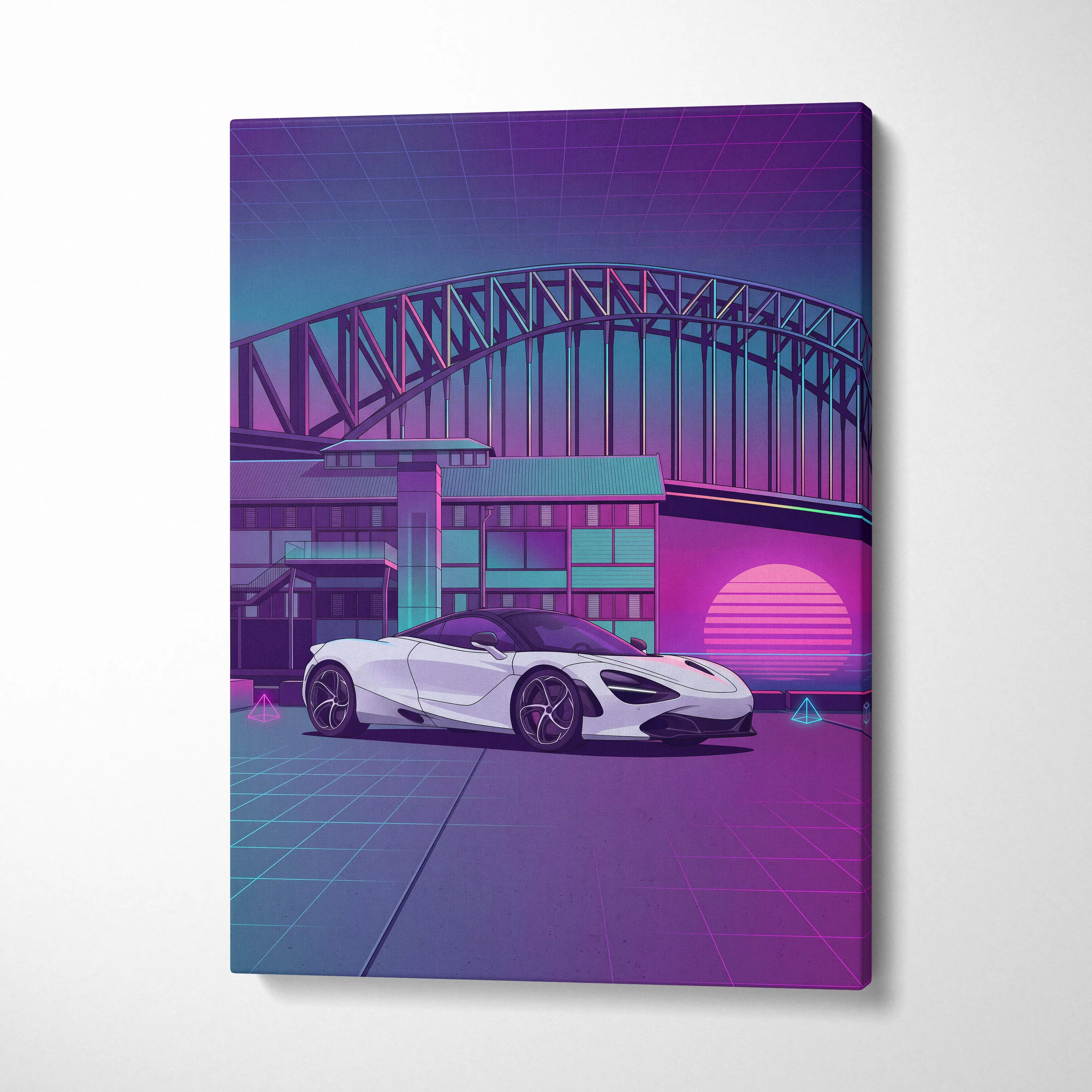 McLaren 720S Inspired White Purple Canvas Wall Art, Neon Vaporwave Supercar Artwork for Modern Garage Decor with Retro City Mood