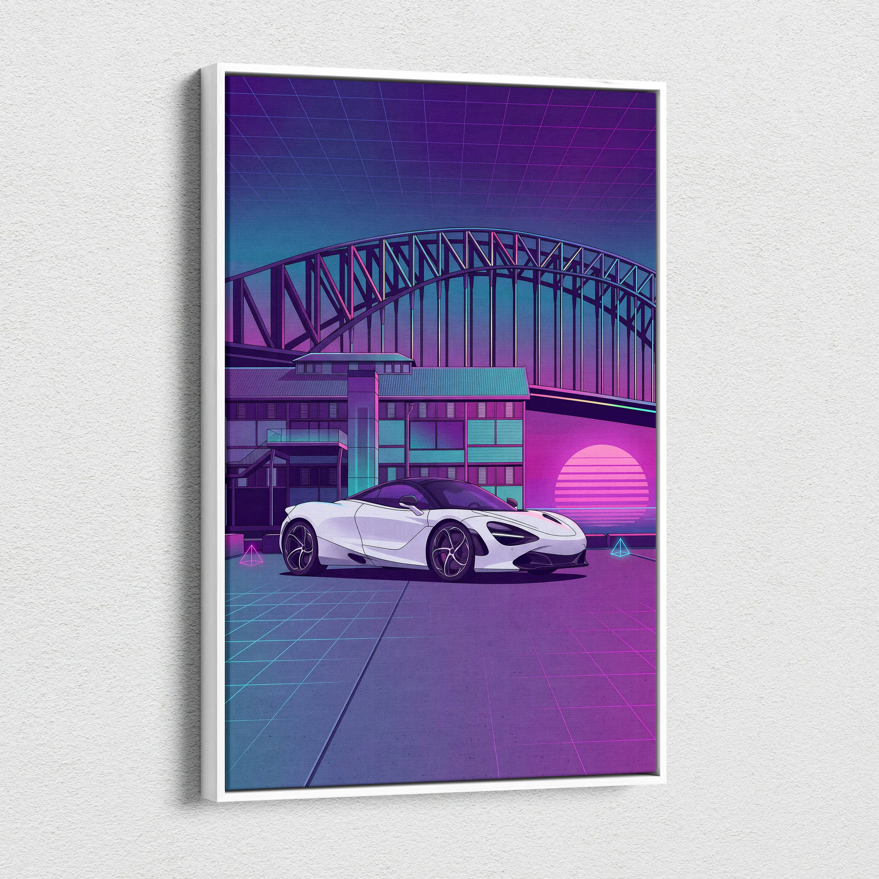 McLaren 720S Inspired White Purple Canvas Wall Art, Neon Vaporwave Supercar Artwork for Modern Garage Decor with Retro City Mood