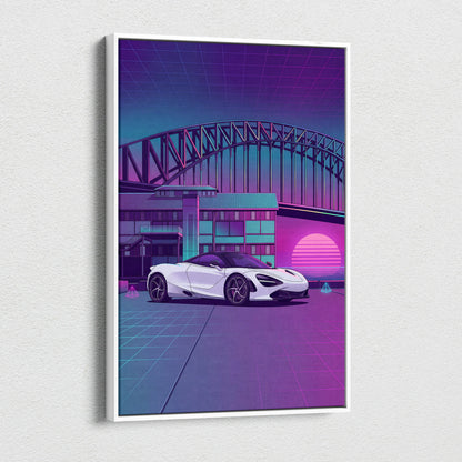McLaren 720S Inspired White Purple Canvas Wall Art, Neon Vaporwave Supercar Artwork for Modern Garage Decor with Retro City Mood