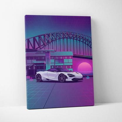 McLaren 720S Inspired White Purple Canvas Wall Art, Neon Vaporwave Supercar Artwork for Modern Garage Decor with Retro City Mood