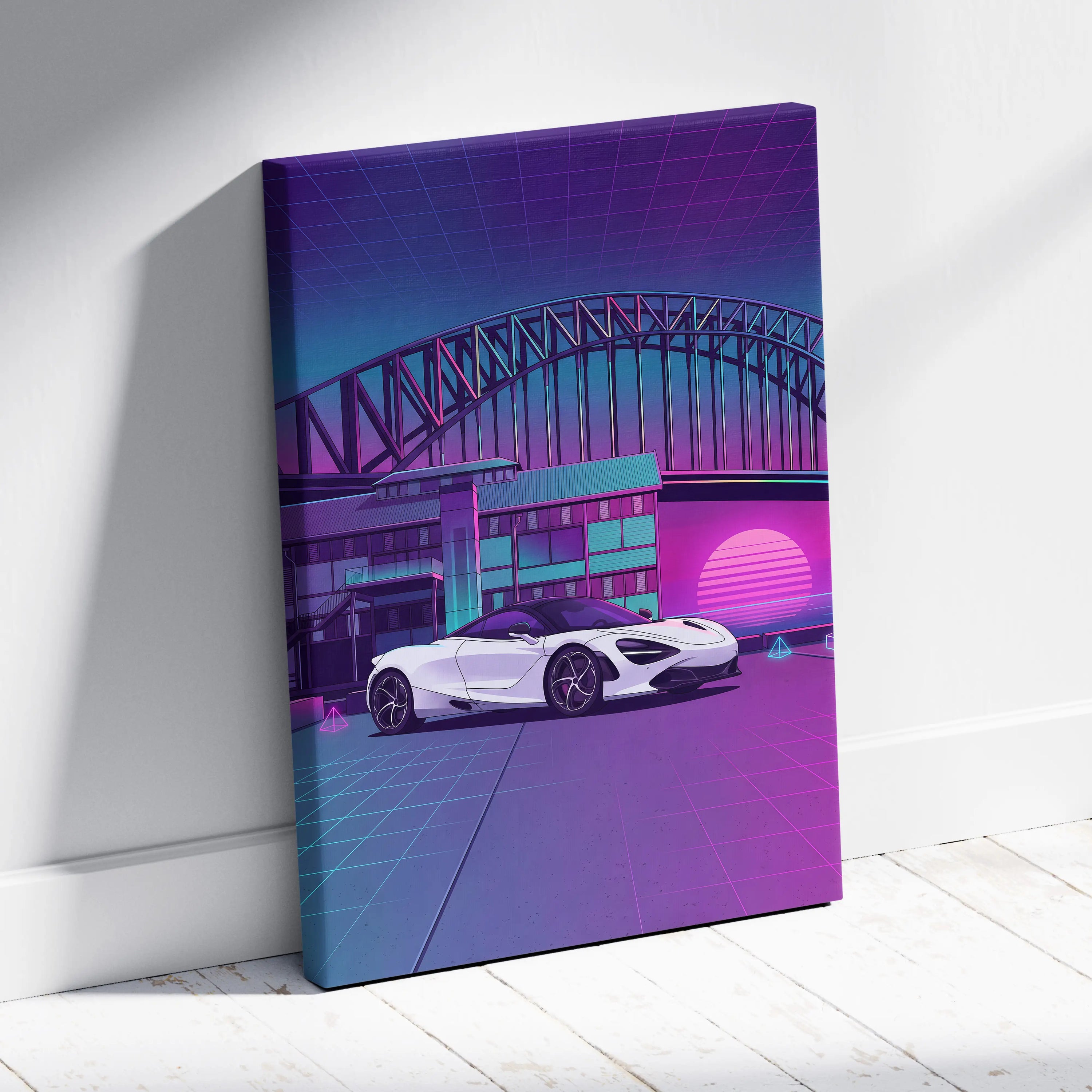 McLaren 720S Inspired White Purple Canvas Wall Art, Neon Vaporwave Supercar Artwork for Modern Garage Decor with Retro City Mood