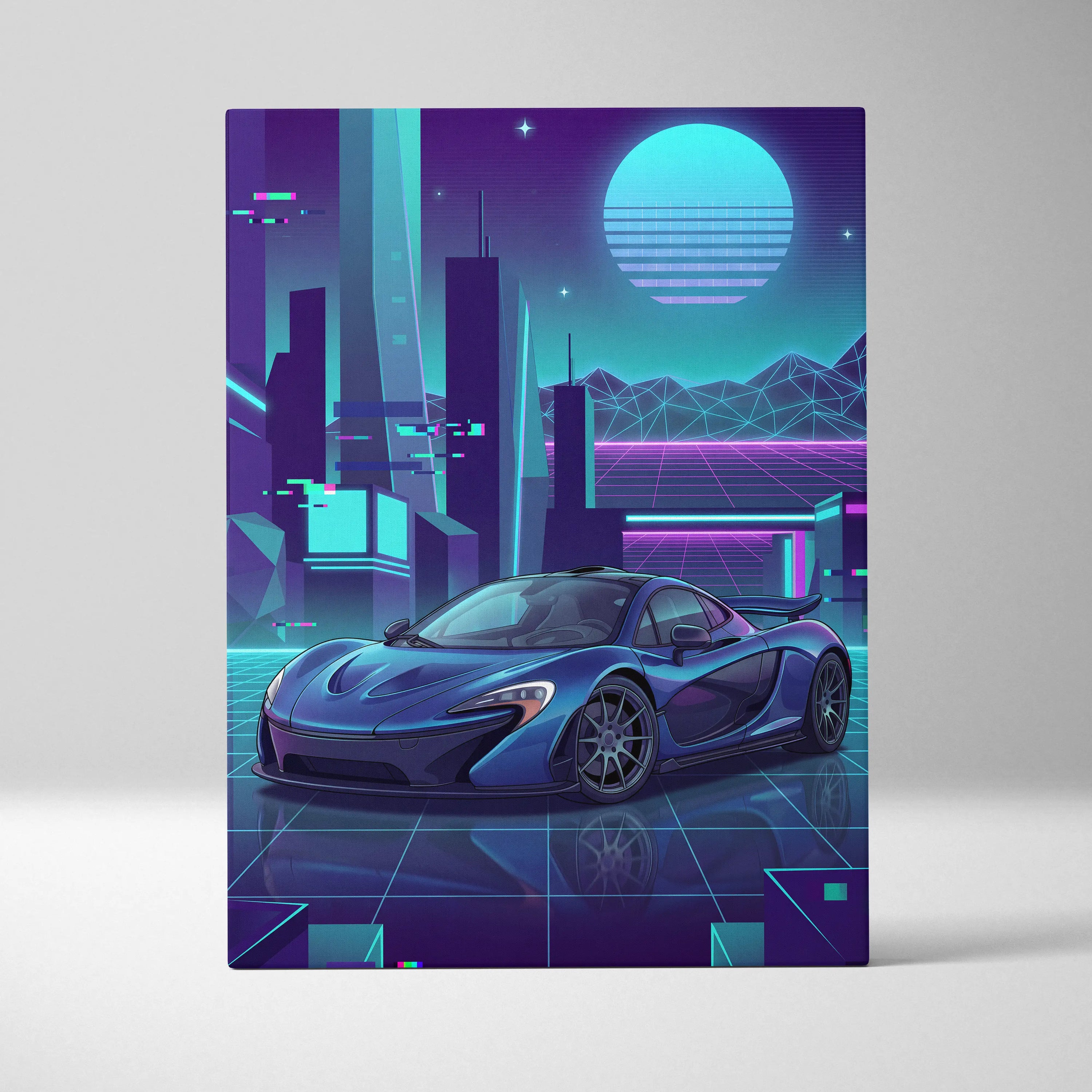 McLaren P1 Inspired Blue Purple Canvas Wall Art, Neon Vaporwave Hypercar Artwork for Futuristic Garage Decor Mood