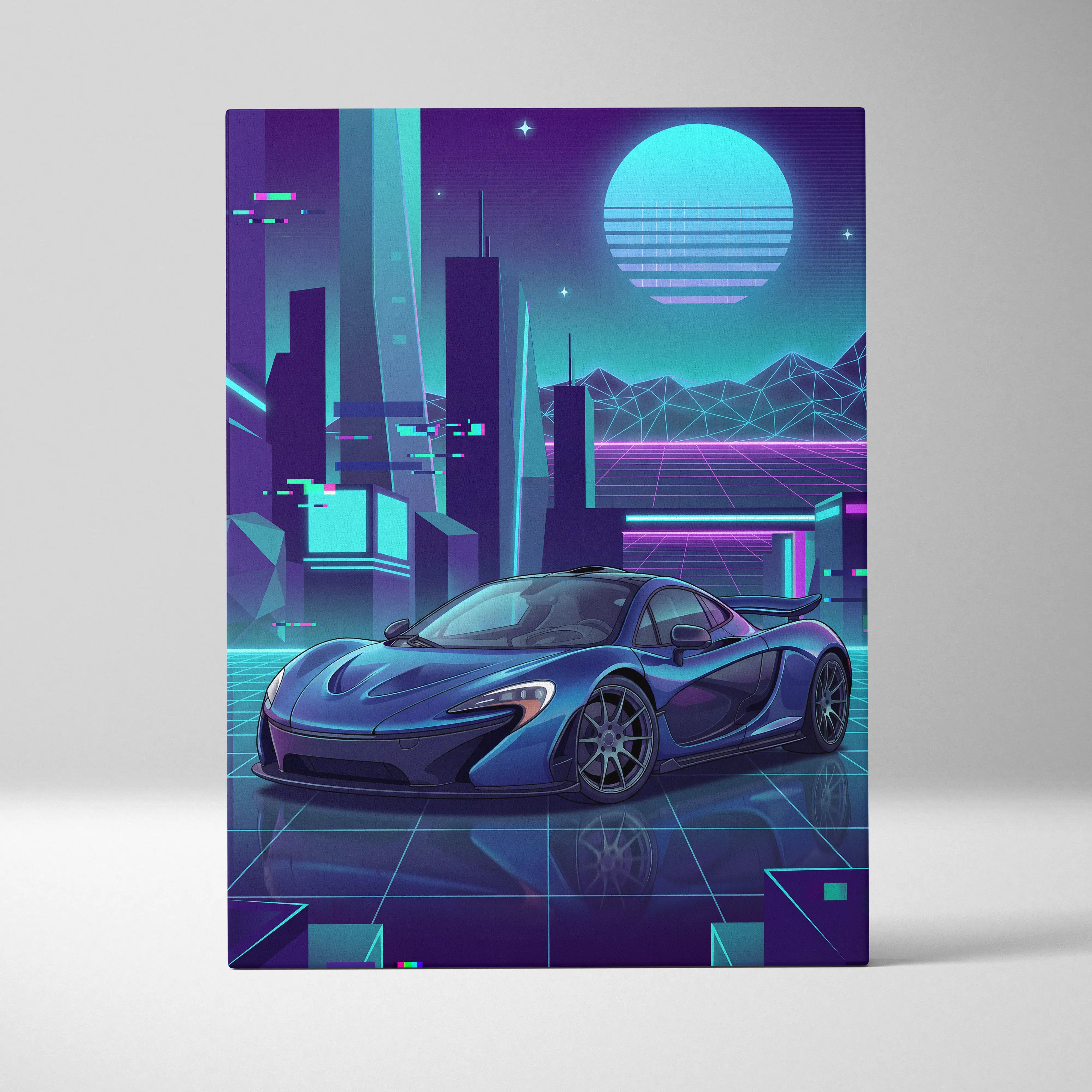 McLaren P1 Inspired Blue Purple Canvas Wall Art, Neon Vaporwave Hypercar Artwork for Futuristic Garage Decor Mood