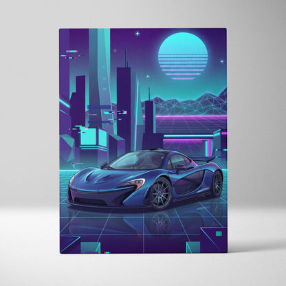 McLaren P1 Inspired Blue Purple Canvas Wall Art, Neon Vaporwave Hypercar Artwork for Futuristic Garage Decor Mood