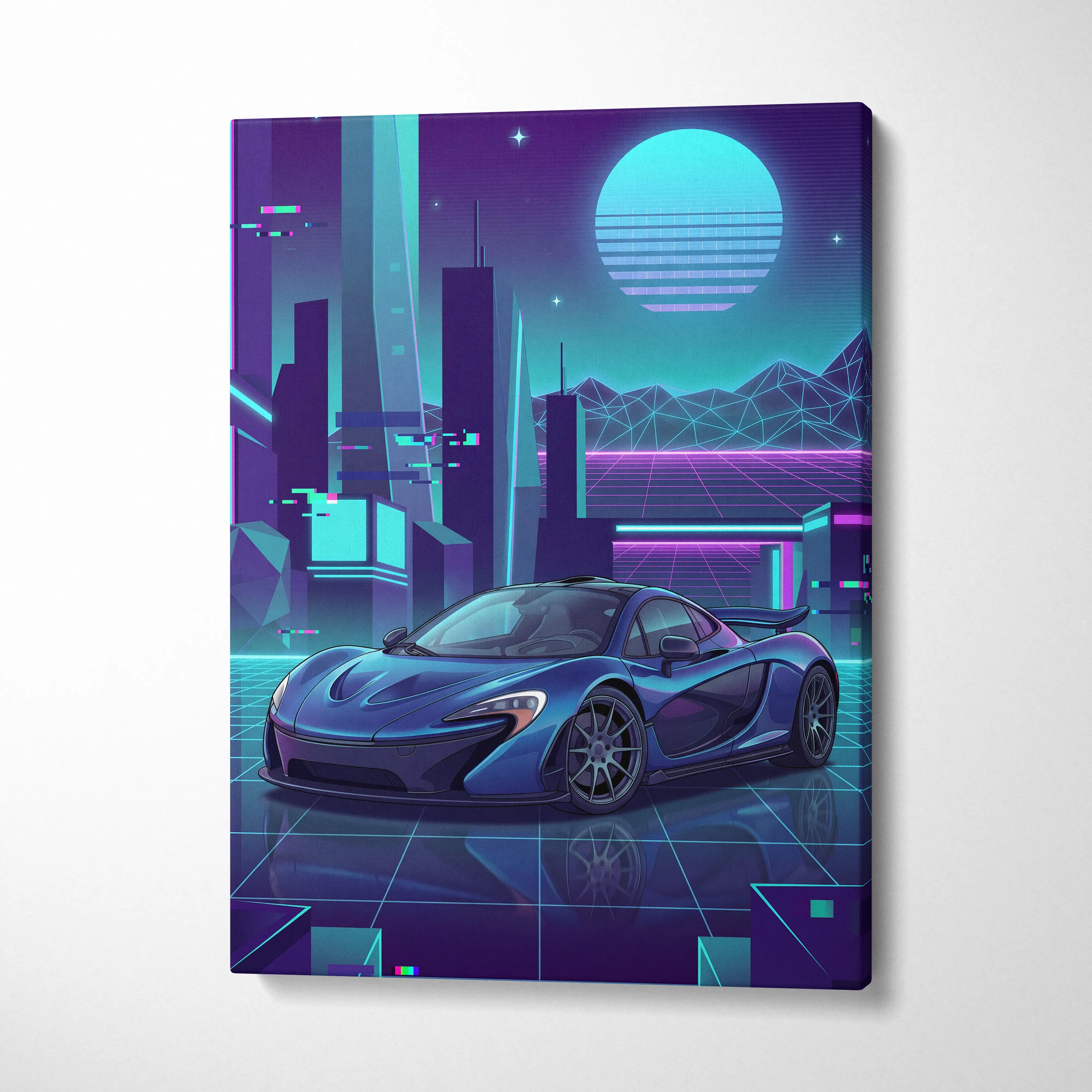 McLaren P1 Inspired Blue Purple Canvas Wall Art, Neon Vaporwave Hypercar Artwork for Futuristic Garage Decor Mood