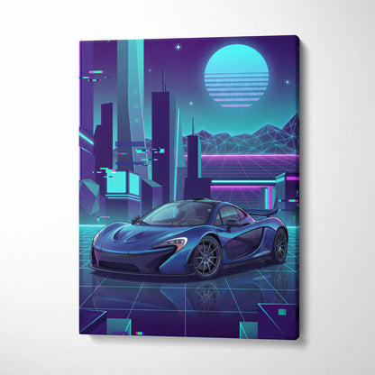 McLaren P1 Inspired Blue Purple Canvas Wall Art, Neon Vaporwave Hypercar Artwork for Futuristic Garage Decor Mood