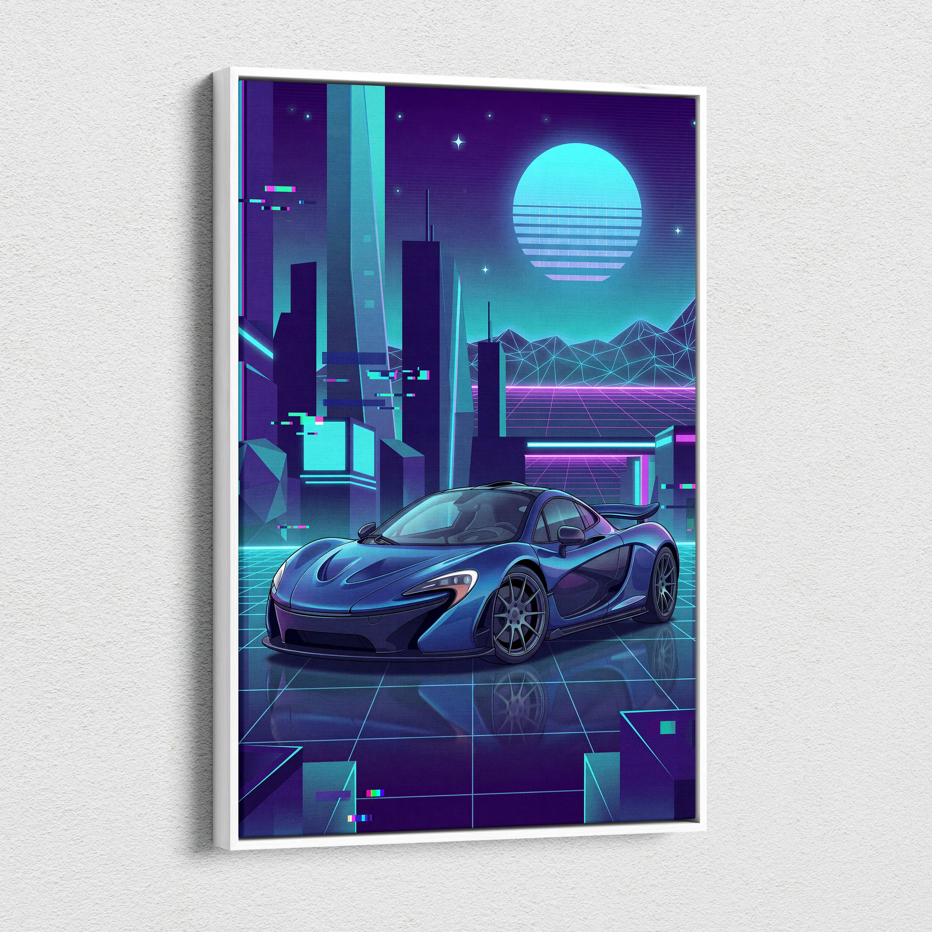 McLaren P1 Inspired Blue Purple Canvas Wall Art, Neon Vaporwave Hypercar Artwork for Futuristic Garage Decor Mood