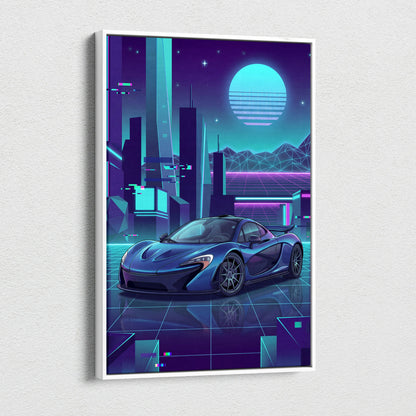 McLaren P1 Inspired Blue Purple Canvas Wall Art, Neon Vaporwave Hypercar Artwork for Futuristic Garage Decor Mood