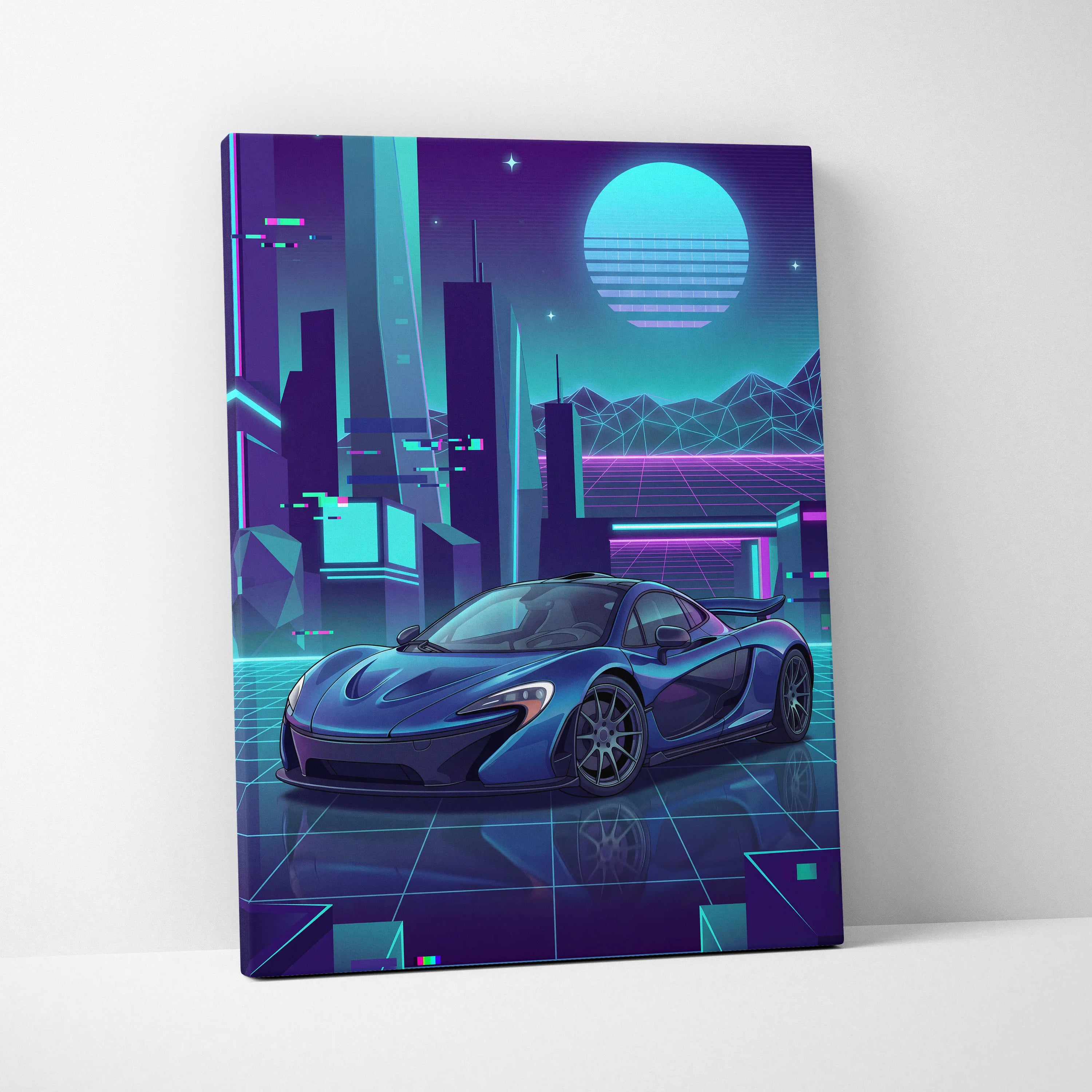 McLaren P1 Inspired Blue Purple Canvas Wall Art, Neon Vaporwave Hypercar Artwork for Futuristic Garage Decor Mood