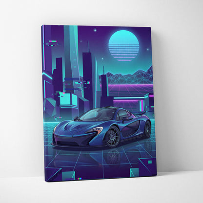 McLaren P1 Inspired Blue Purple Canvas Wall Art, Neon Vaporwave Hypercar Artwork for Futuristic Garage Decor Mood
