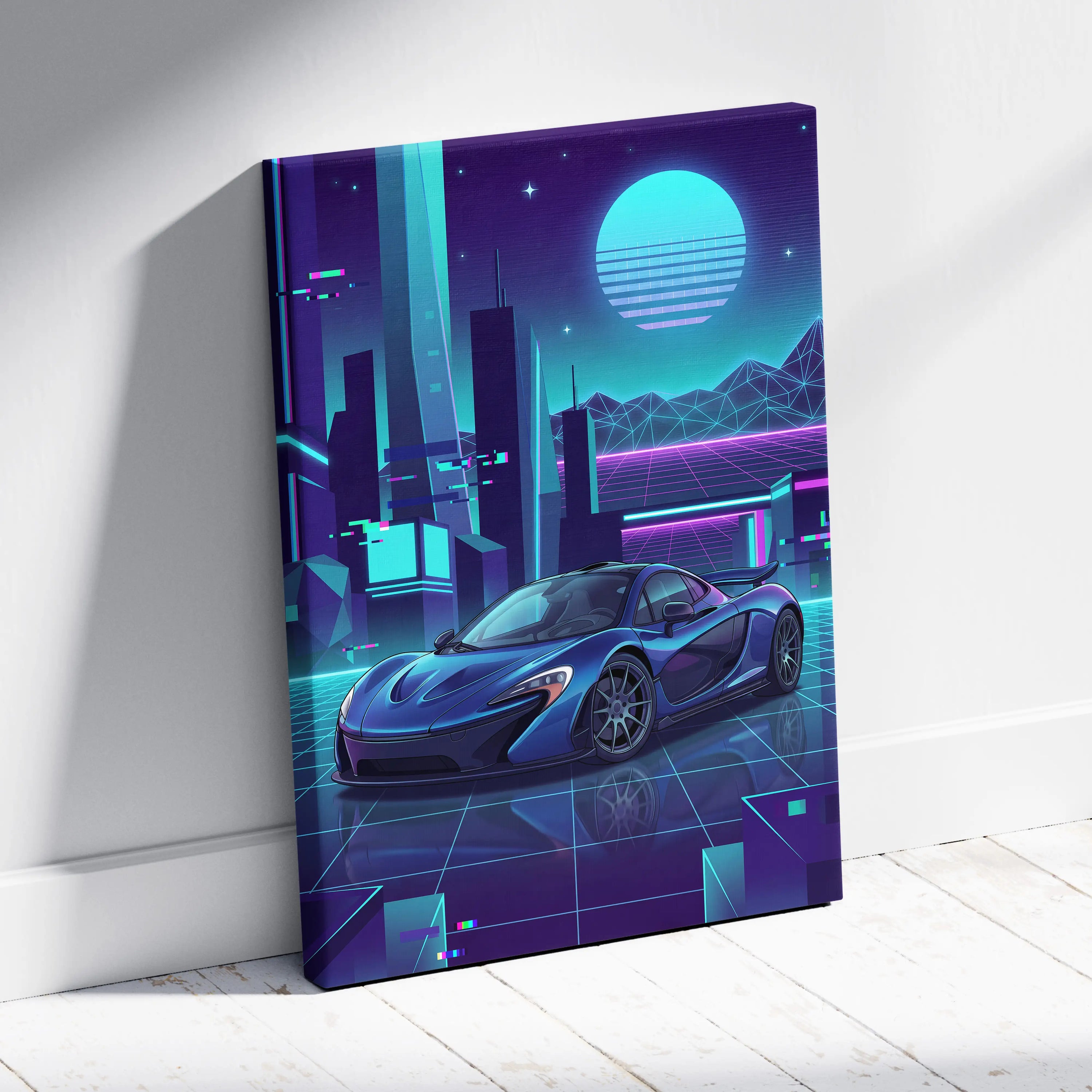 McLaren P1 Inspired Blue Purple Canvas Wall Art, Neon Vaporwave Hypercar Artwork for Futuristic Garage Decor Mood