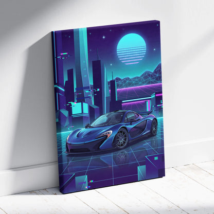 McLaren P1 Inspired Blue Purple Canvas Wall Art, Neon Vaporwave Hypercar Artwork for Futuristic Garage Decor Mood