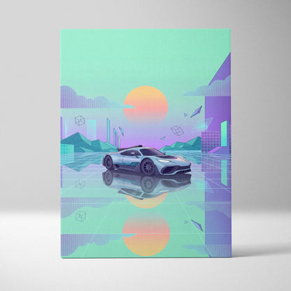 Mercedes-AMG One Inspired Silver Teal Canvas Wall Art, Pastel Vaporwave Hypercar Artwork for Futuristic Garage Decor Mood