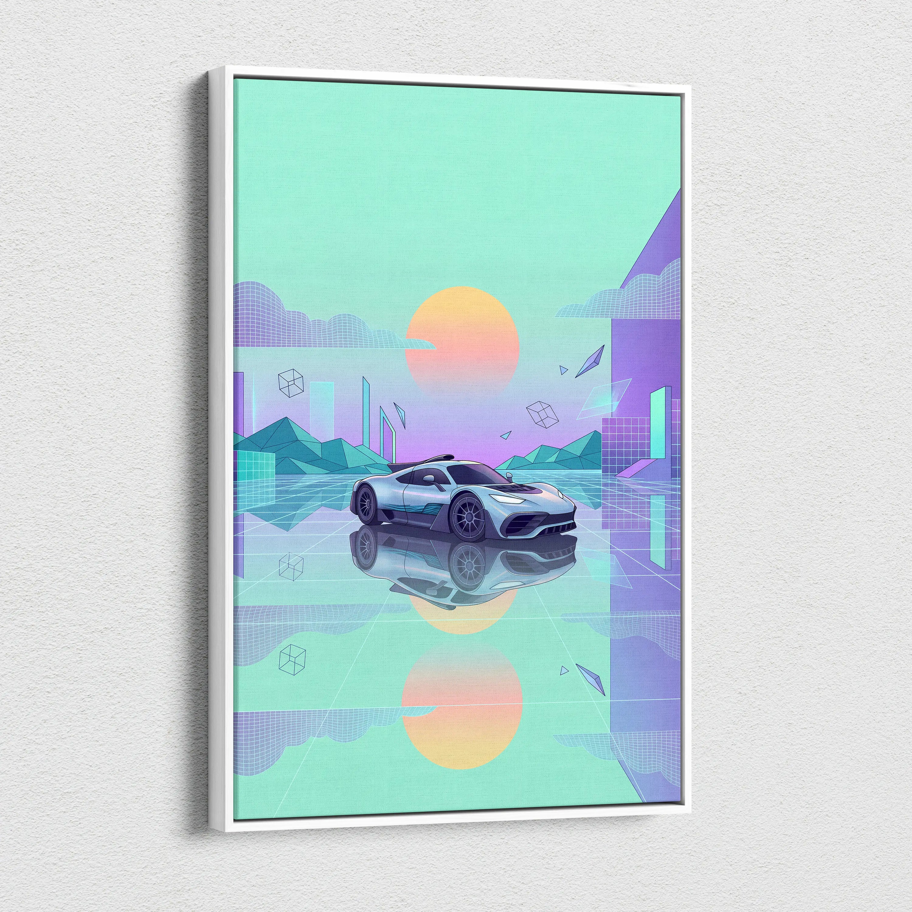 Mercedes-AMG One Inspired Silver Teal Canvas Wall Art, Pastel Vaporwave Hypercar Artwork for Futuristic Garage Decor Mood
