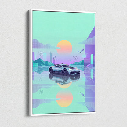 Mercedes-AMG One Inspired Silver Teal Canvas Wall Art, Pastel Vaporwave Hypercar Artwork for Futuristic Garage Decor Mood