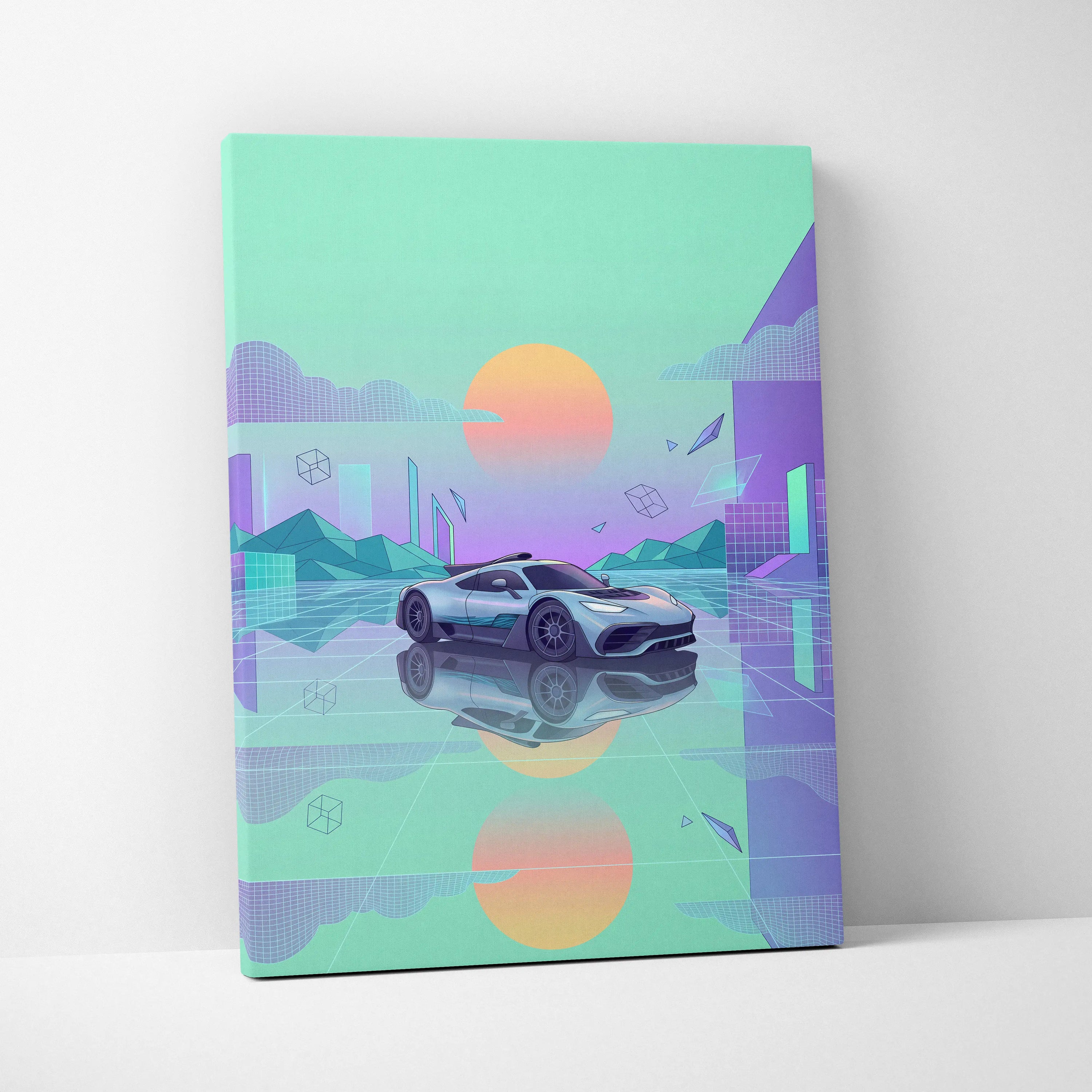 Mercedes-AMG One Inspired Silver Teal Canvas Wall Art, Pastel Vaporwave Hypercar Artwork for Futuristic Garage Decor Mood
