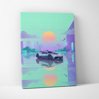 Mercedes-AMG One Inspired Silver Teal Canvas Wall Art, Pastel Vaporwave Hypercar Artwork for Futuristic Garage Decor Mood