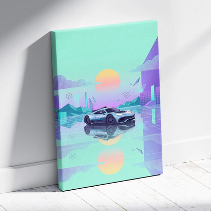 Mercedes-AMG One Inspired Silver Teal Canvas Wall Art, Pastel Vaporwave Hypercar Artwork for Futuristic Garage Decor Mood