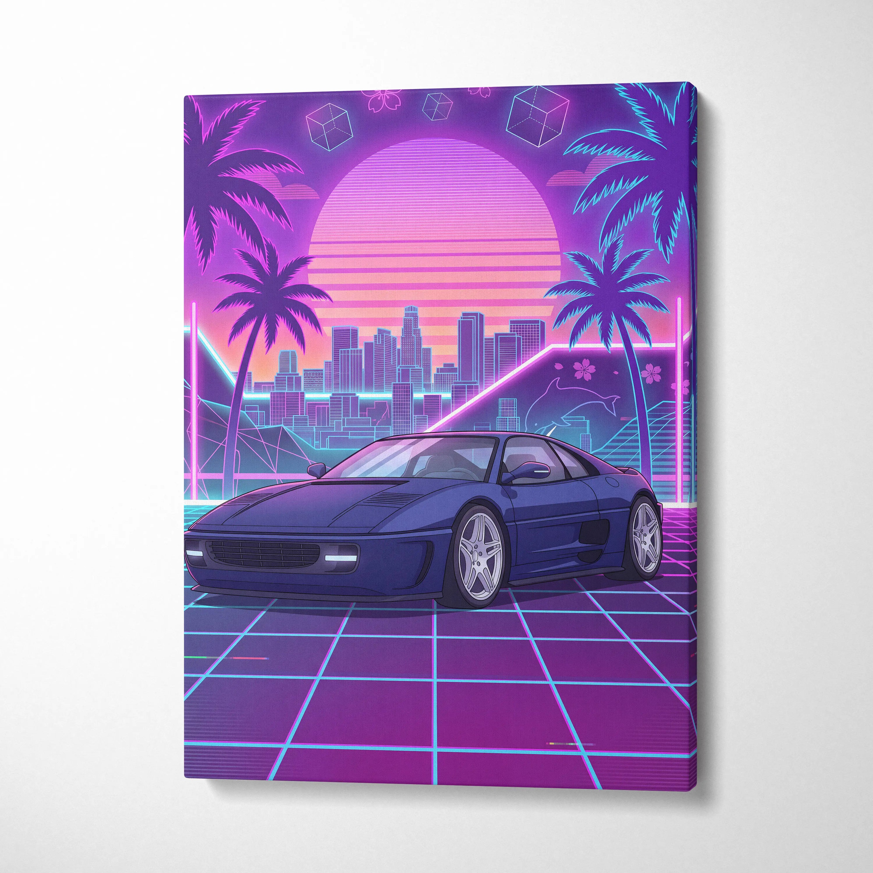 Ferrari Retro Supercar Inspired Neon Sunset Vaporwave City - Car Art Neon Purple Pink Blue Living Room Retro Nostalgia Neon City