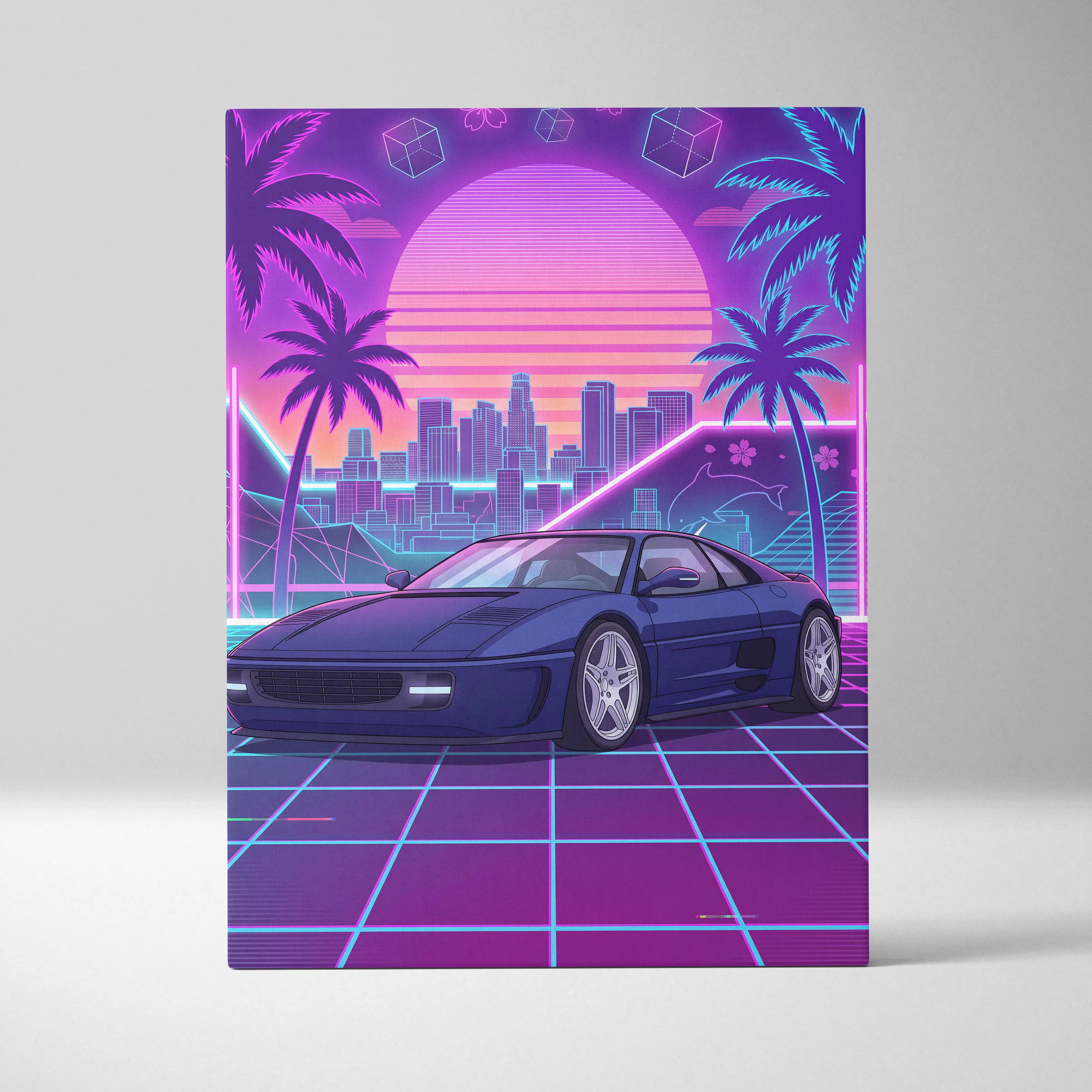 Nostalgic neon retro canvas featuring a sleek dark blue ferrari sports car on a glowing grid under a vibrant purple sunset