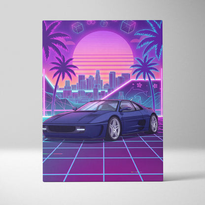 Ferrari Retro Supercar Inspired Neon Sunset Vaporwave City - Car Art Neon Purple Pink Blue Living Room Retro Nostalgia Neon City