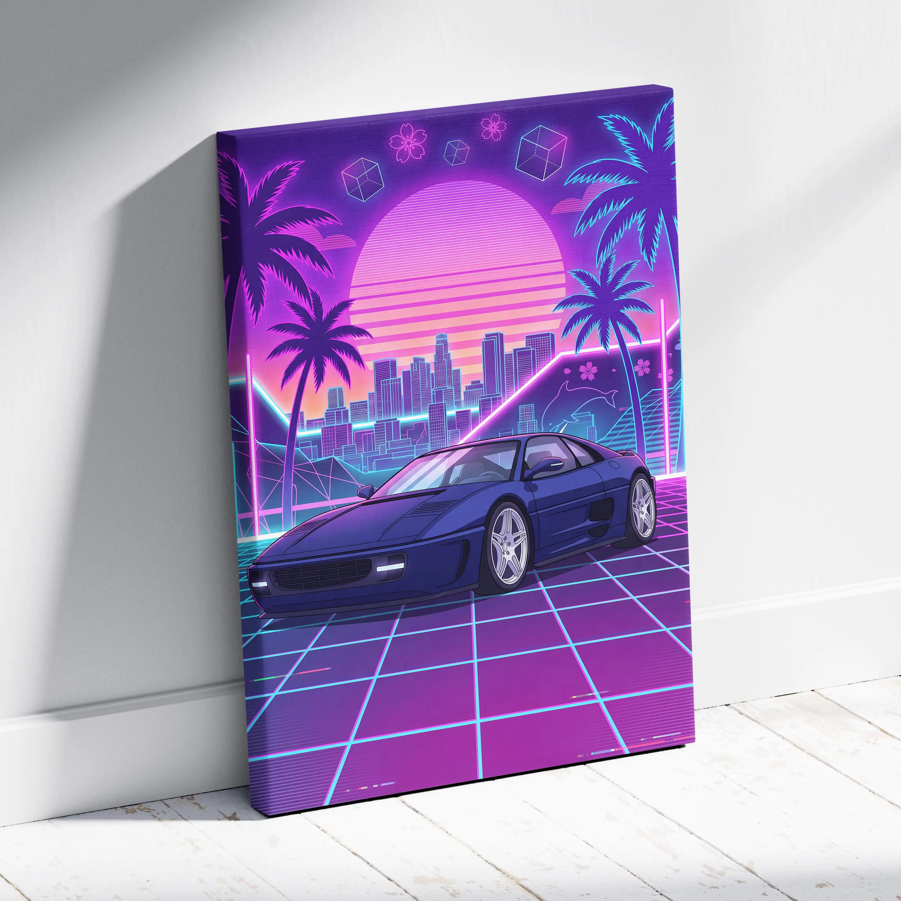 Ferrari Retro Supercar Inspired Neon Sunset Vaporwave City - Car Art Neon Purple Pink Blue Living Room Retro Nostalgia Neon City