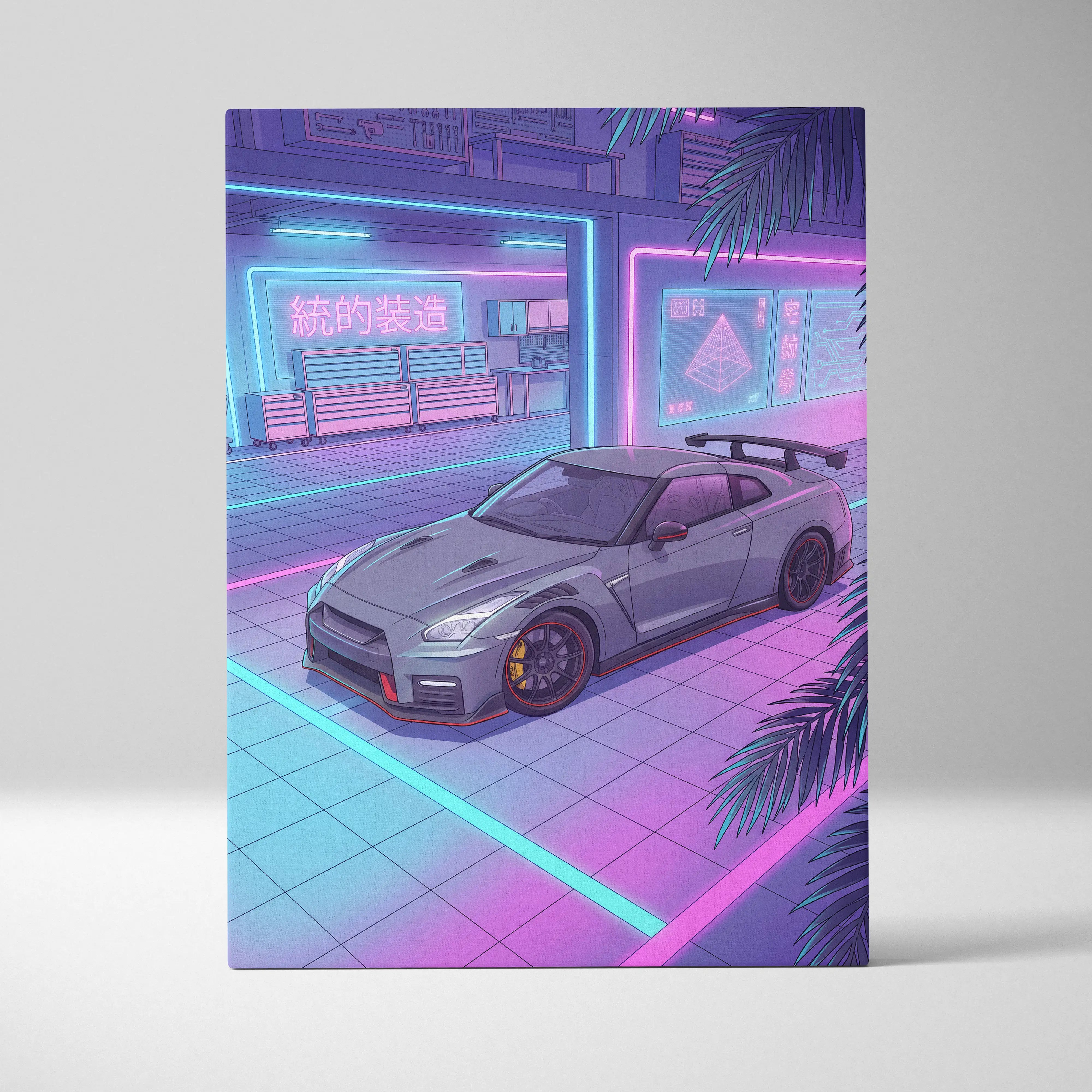 Nissan GT-R R35 Inspired Neon Vaporwave Night Drive - Neon Pink Blue Car Living Room Retro Futurism Canvas