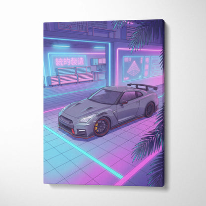 Nissan GT-R R35 Inspired Neon Vaporwave Night Drive - Neon Pink Blue Car Living Room Retro Futurism Canvas