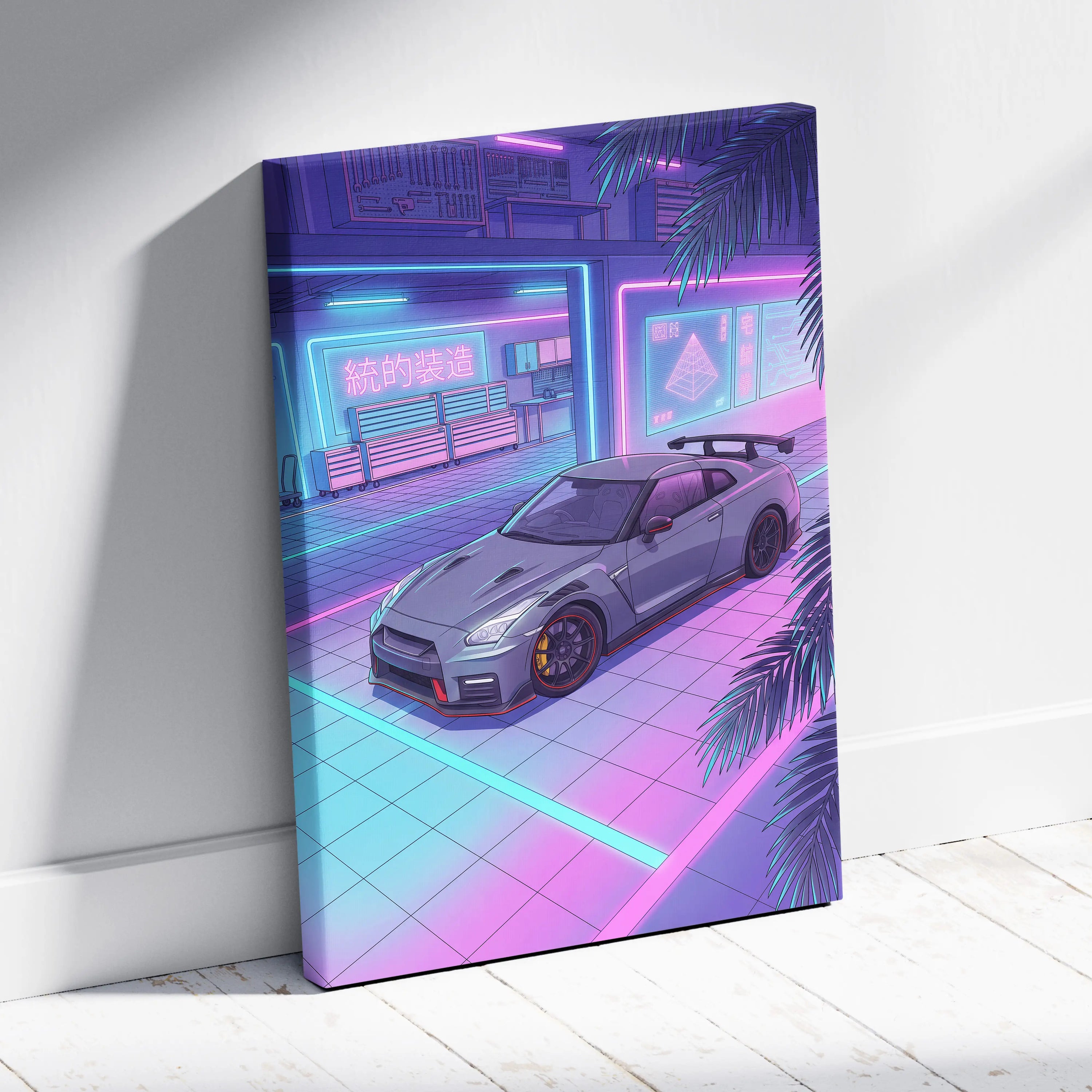 Nissan GT-R R35 Inspired Neon Vaporwave Night Drive - Neon Pink Blue Car Living Room Retro Futurism Canvas