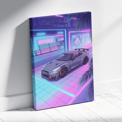 Nissan GT-R R35 Inspired Neon Vaporwave Night Drive - Neon Pink Blue Car Living Room Retro Futurism Canvas