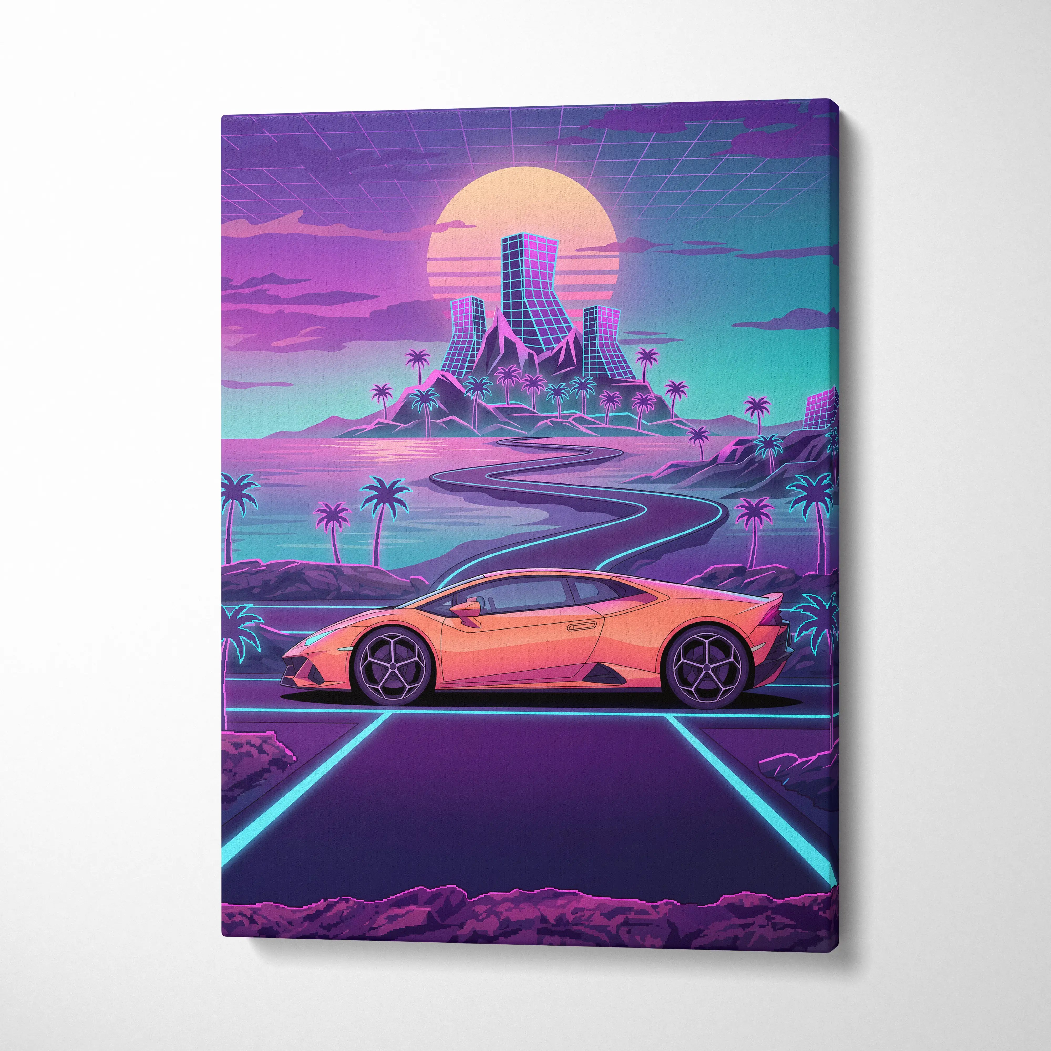 Vibrant orange sports car on neon-lit retro-futuristic landscape printed on automotive art canvas