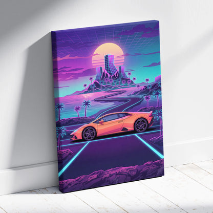 Lamborghini Huracan Inspired Neon Mirage Skyline Rush - Automotive Art Neon Nostalgic Futuristic Canvas