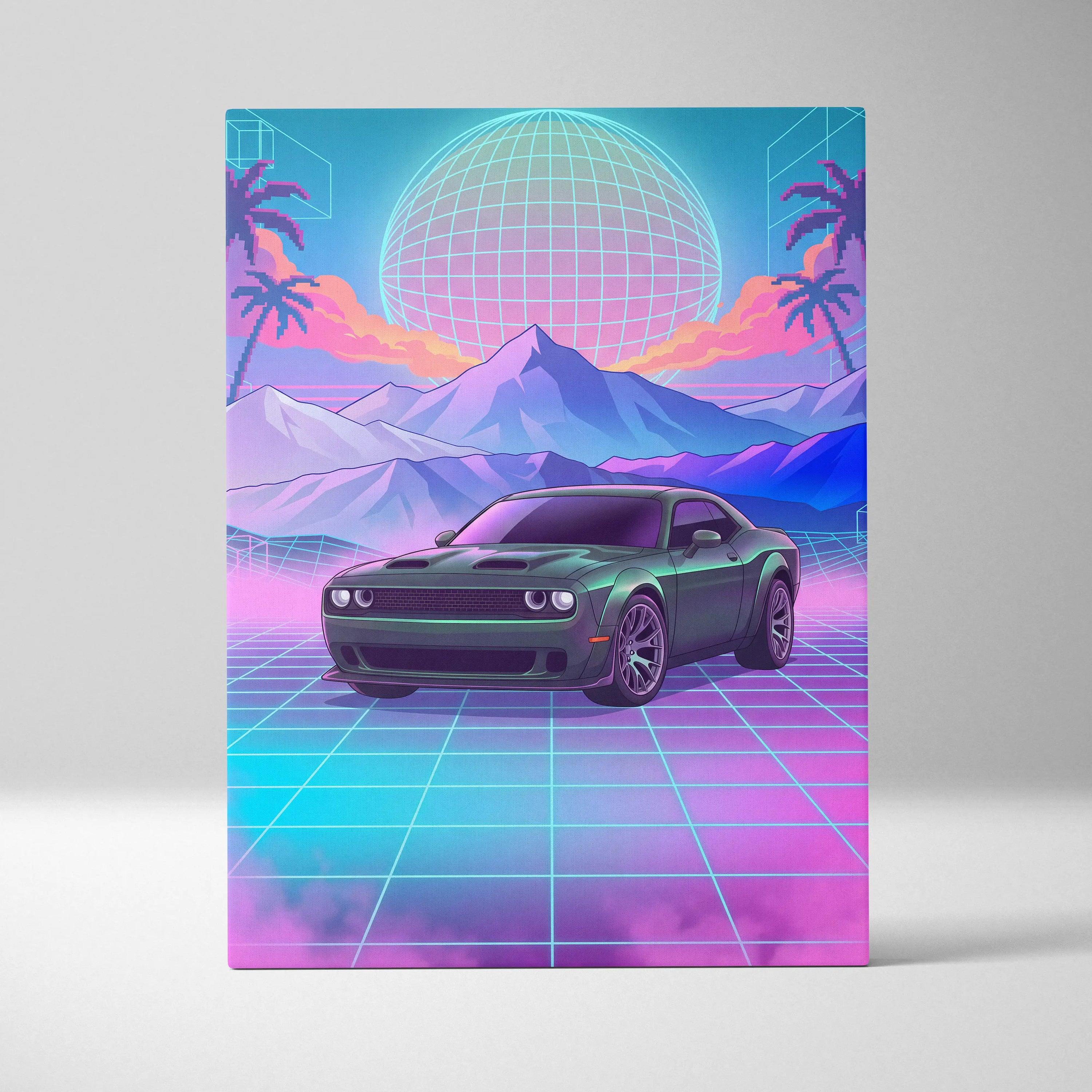 Dodge Challenger Inspired Neon Vaporwave Horizon Canvas - Car Art Neon Pink Blue Vaporwave Nostalgic Synthwave Canvas