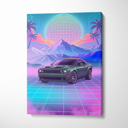 Dodge Challenger Inspired Neon Vaporwave Horizon Canvas - Car Art Neon Pink Blue Vaporwave Nostalgic Synthwave Canvas