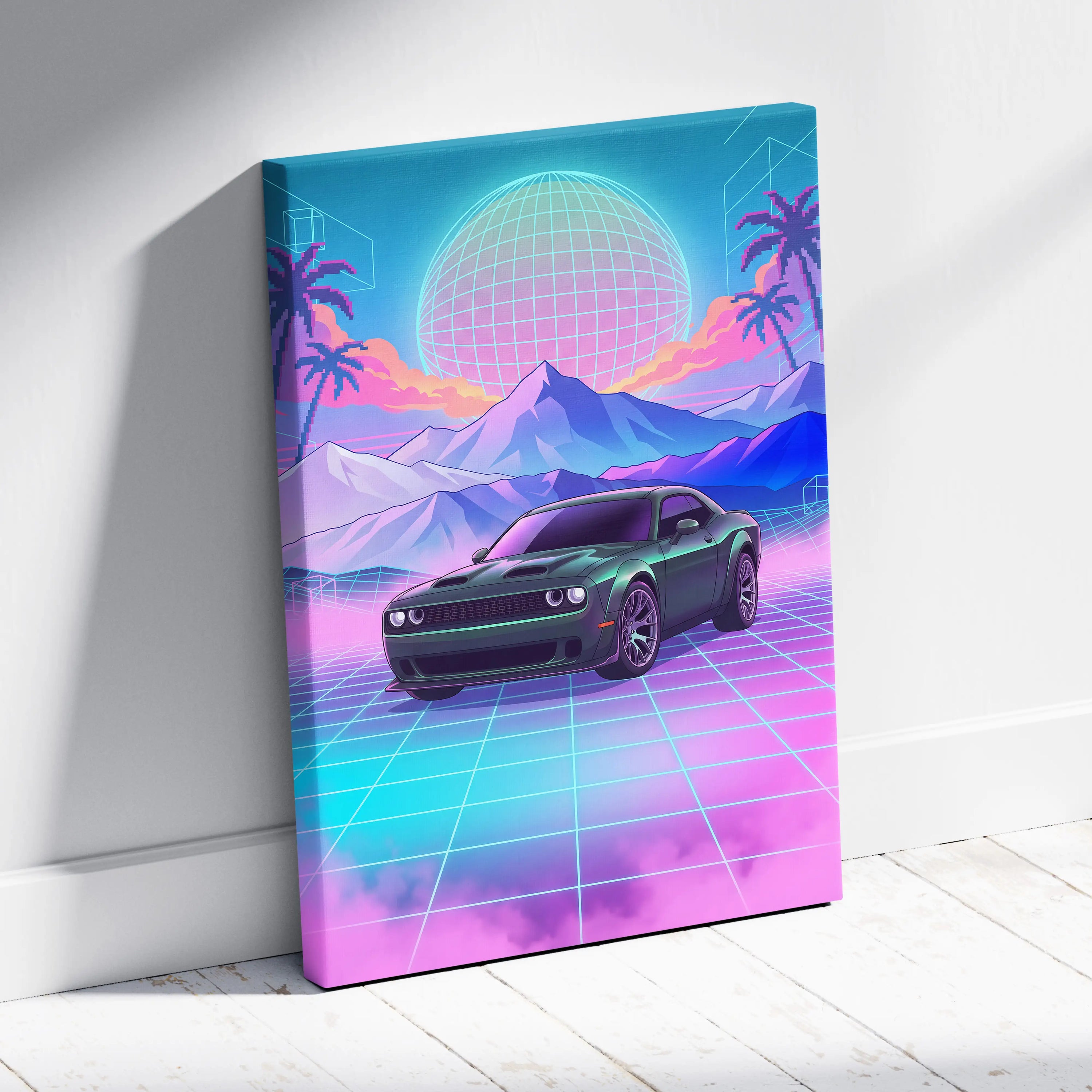 Dodge Challenger Inspired Neon Vaporwave Horizon Canvas - Car Art Neon Pink Blue Vaporwave Nostalgic Synthwave Canvas