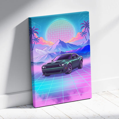 Dodge Challenger Inspired Neon Vaporwave Horizon Canvas - Car Art Neon Pink Blue Vaporwave Nostalgic Synthwave Canvas