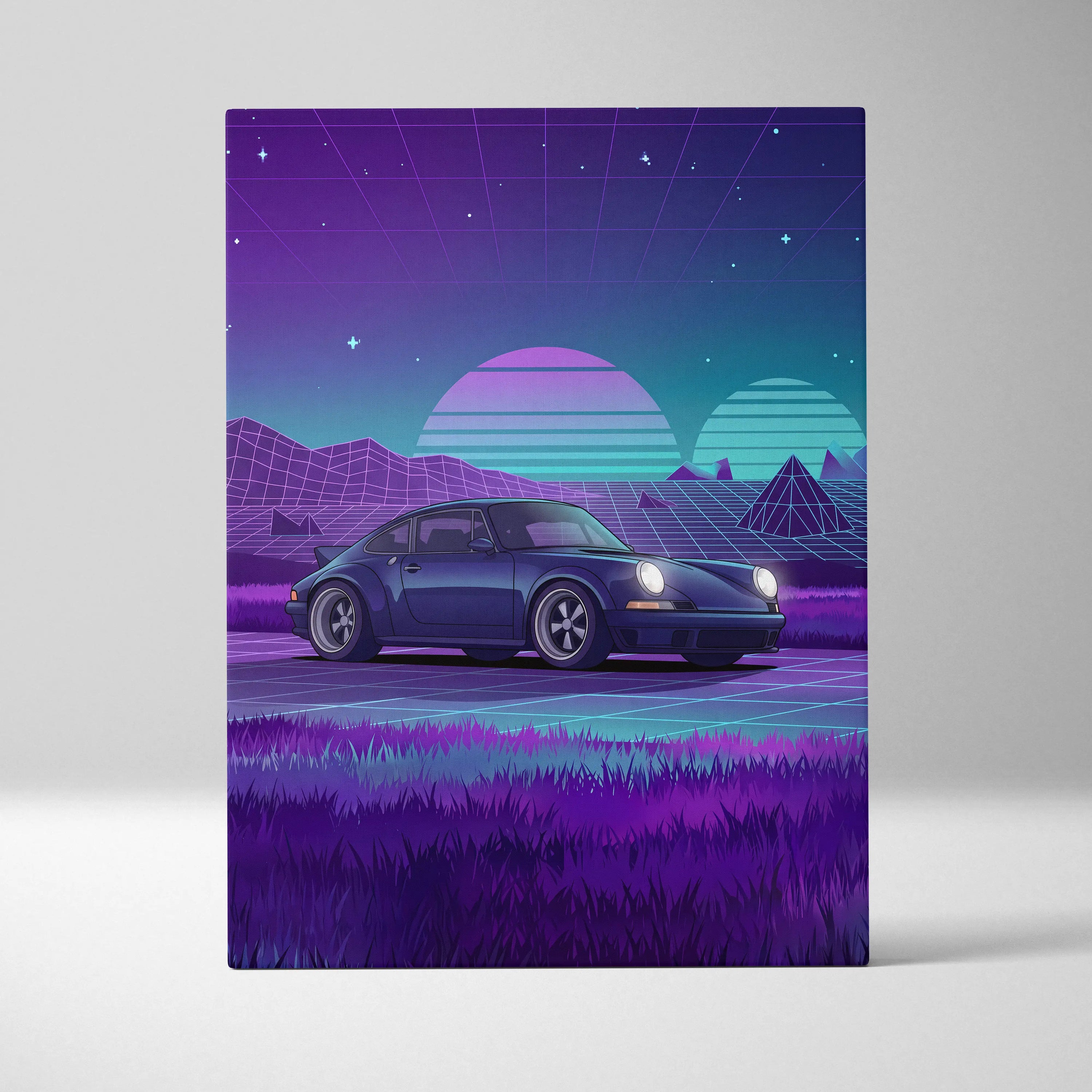 Porsche 911 Classic Inspired Blue Purple Canvas Wall Art Vaporwave Sunset Sports Car Artwork, Retro Neon Landscape Garage Decor
