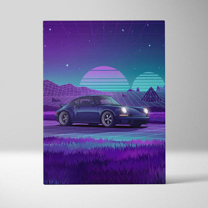 Porsche 911 Classic Inspired Blue Purple Canvas Wall Art Vaporwave Sunset Sports Car Artwork, Retro Neon Landscape Garage Decor