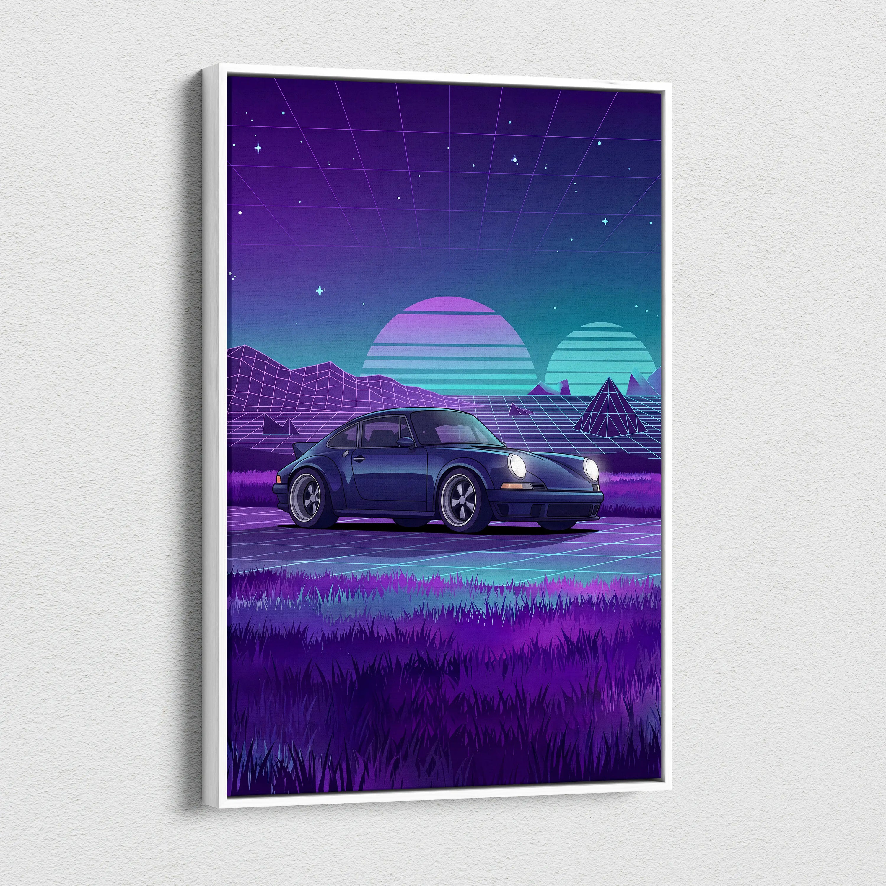 Porsche 911 Classic Inspired Blue Purple Canvas Wall Art Vaporwave Sunset Sports Car Artwork, Retro Neon Landscape Garage Decor