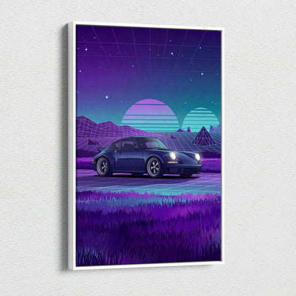Porsche 911 Classic Inspired Blue Purple Canvas Wall Art Vaporwave Sunset Sports Car Artwork, Retro Neon Landscape Garage Decor